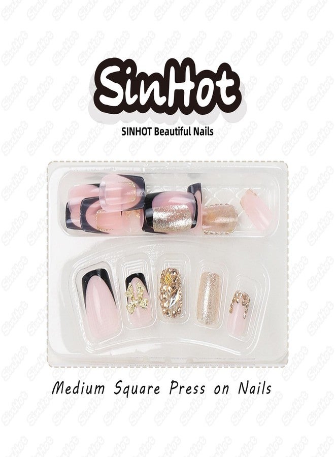SINHOT Square Press on Nails Medium - Black French Tip Fake Nails Glossy Glue on Nails 3D Gold Bowknot Acrylic Nail Luxury Rhinestones Squoval Artificial Nail Stick on False Nail with Design 24pcs - Image 5